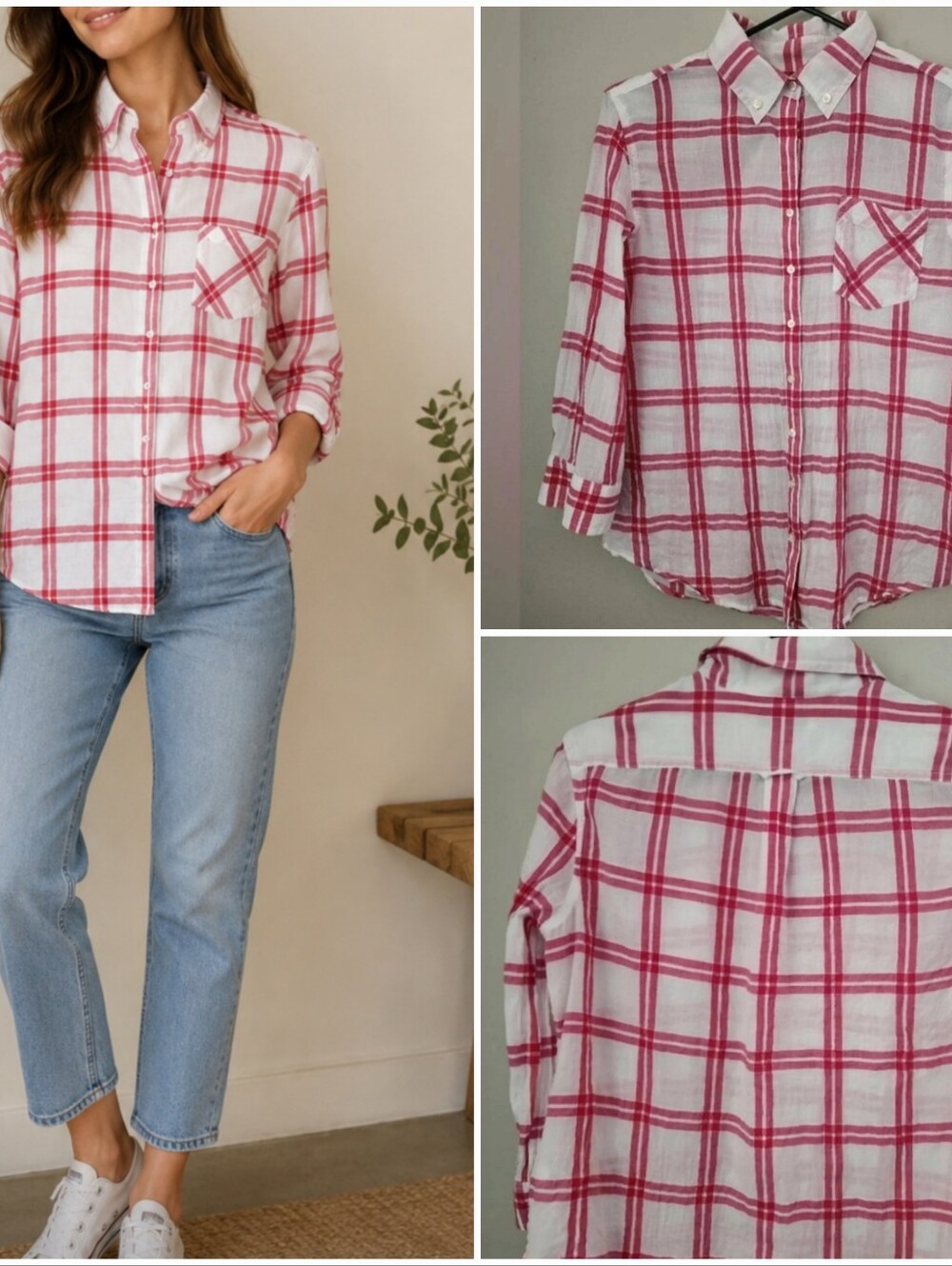 Banana Republic Red and White Plaid Button Down Shirt